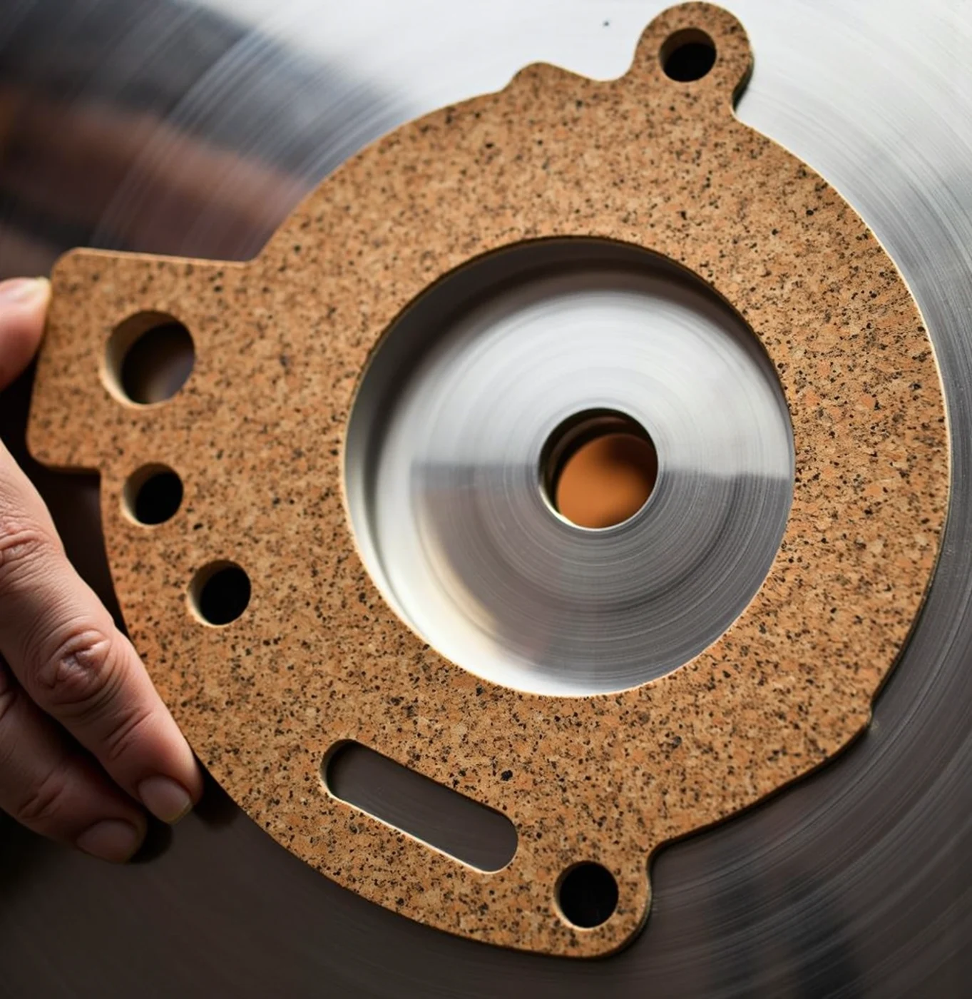 Illustrative close-up of a cork gasket and machined metal surface