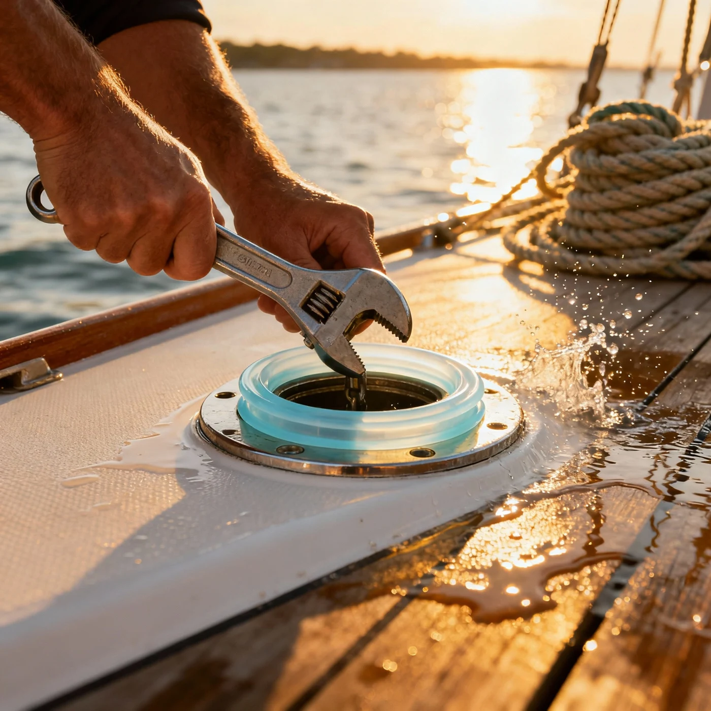 Illustrative marine maintenance scene with a seal and deck fitting