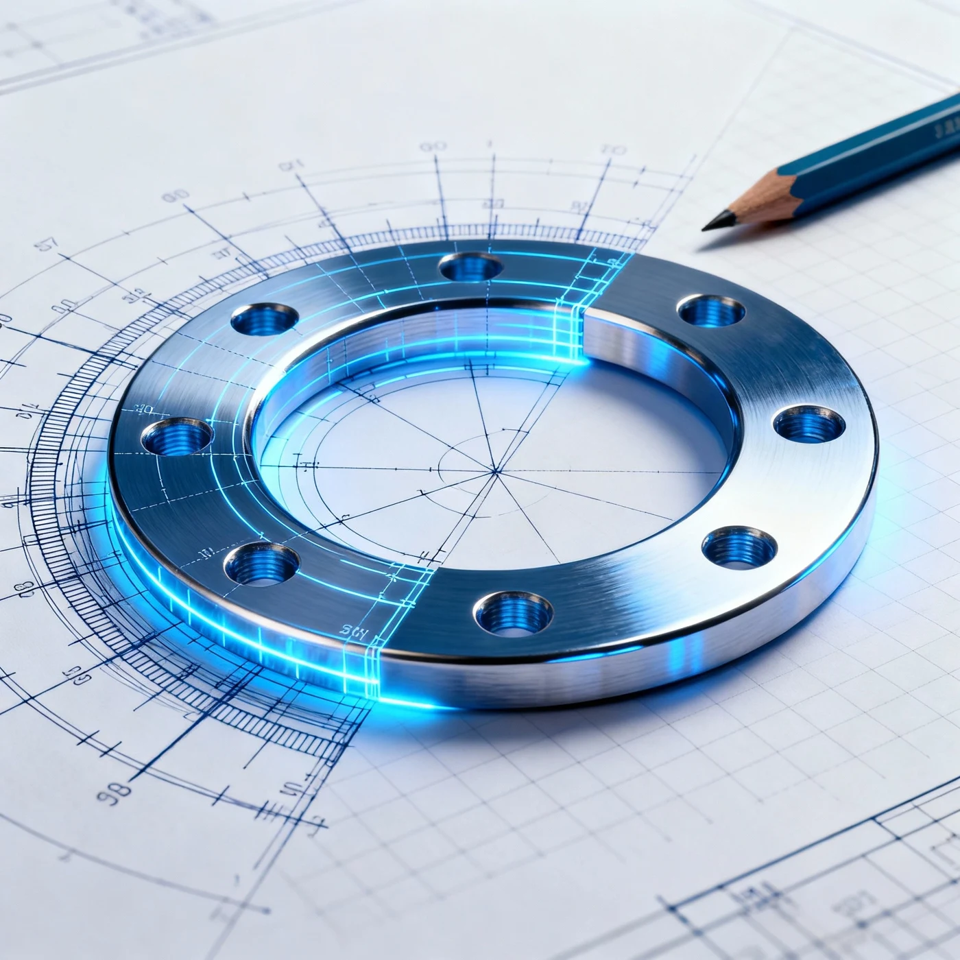 Concept illustration of a flange over a technical drawing